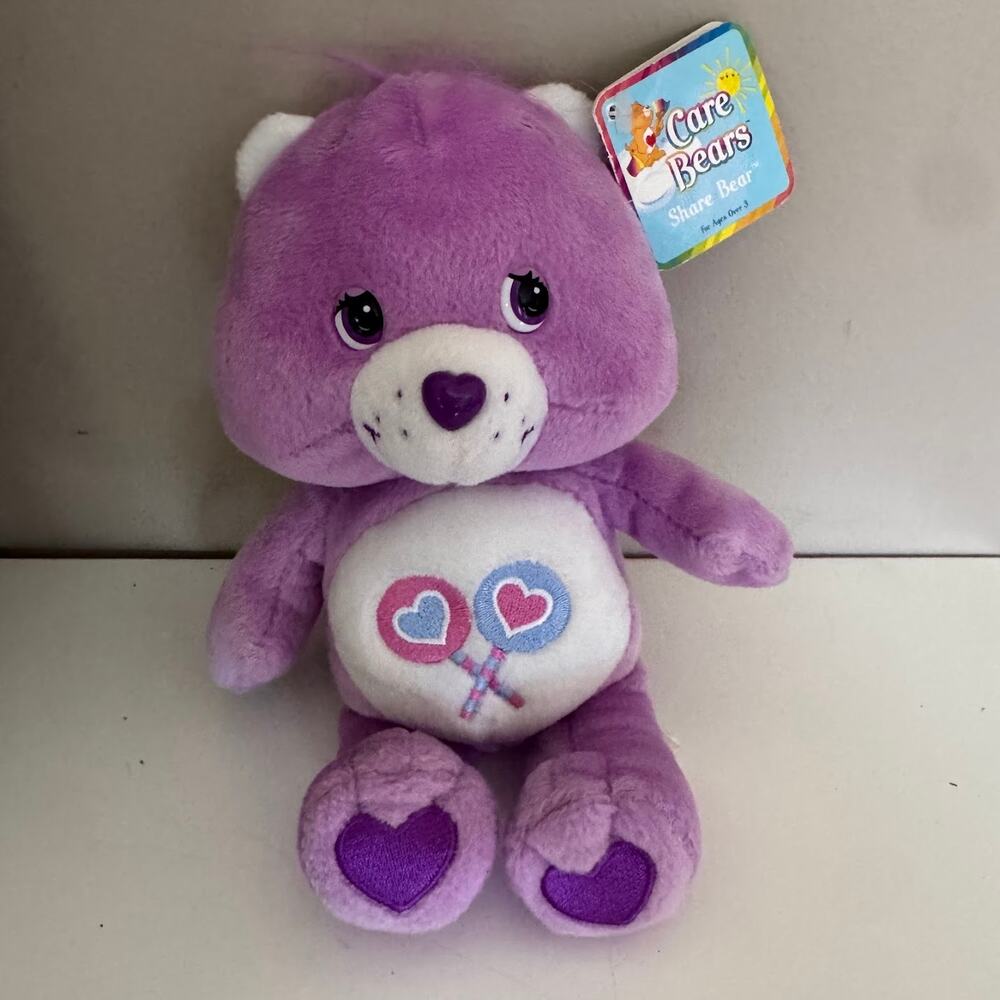 Care Bears Share Bear Purple Stuffed Animal Plush Lollipops Vintage 2002 New